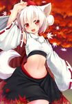  1girl :3 animal_ears arm_up bare_shoulders black_skirt blush breasts detached_sleeves fang hat inubashiri_momiji kagerofu leaf maple_leaf medium_breasts medium_skirt midriff nature navel open_mouth print_skirt red_eyes short_hair silver_hair skirt smile solo tail tokin_hat touhou tree white_hair wolf_ears wolf_tail 