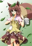  animal_ears blush bottle brown_eyes brown_hair brown_skirt capelet futatsuiwa_mamizou glasses leaf leaf_on_head light_smile medium_skirt notepad print_skirt raccoon_ears raccoon_tail rappa_(rappaya) short_hair simple_background skirt solo tail touhou 