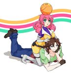  1girl :o aqua_eyes belt blue_eyes bodysuit boots breast_rest breasts breasts_on_head brown_hair chin_rest elbow_gloves feldt_grace gloves gundam gundam_00 haro large_breasts legs_up lockon_stratos long_hair lying neil_dylandy on_stomach open_mouth pink_hair plum_(arch) short_hair simple_background sitting sitting_on_person skin_tight straddling thigh_boots thighhighs turtleneck twintails utility_belt yellow_bodysuit 