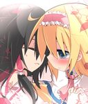  alice_margatroid bad_id bad_pixiv_id black_hair blonde_hair blue_eyes blush closed_eyes couple hair_ribbon hair_tubes hakurei_reimu holding_hands interlocked_fingers kita_senju lowres multiple_girls ribbon touhou yuri 