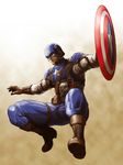 america armor boots captain_america gloves helmet highres jumping male_focus manly marvel military military_uniform muscle oldschool realistic serious shield shimotsuki_juugo soldier solo steve_rogers uniform world_war_ii 