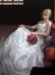  bare_shoulders blonde_hair blue_eyes bouquet bride claymore dress flower gown helen_(claymore) highres leo_chuang lips nose realistic satin satin_clothes satin_dress silver_eyes sitting solo wedding_dress 