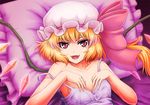  blonde_hair dress fangs flandre_scarlet frilled_pillow frills hands_on_own_chest hat hat_ribbon lying nazal nightgown on_back open_mouth pillow purple_dress red_eyes ribbon side_ponytail smile solo strap_slip touhou wings 