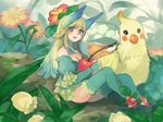  bird blonde_hair blue_eyes braid cherry flower food fruit holding holding_food holding_fruit long_hair mayday minigirl original sitting solo thighhighs 