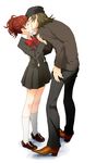  1girl aragaki_shinjirou beanie black_skirt bow brown_hair closed_eyes couple female_protagonist_(persona_3) hat height_difference hetero kiss kneehighs miniskirt persona persona_3 persona_3_portable pleated_skirt ponytail purin_(iddunpg) red_hair school_uniform short_hair short_ponytail signature simple_background skirt white_legwear 