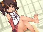  anise_tatlin ass bare_shoulders barefoot brown_eyes brown_hair child e10 feet female flat_chest hair_ribbon legs_crossed loli namco presenting ribbon sitting smile soles solo tales_of_(series) tales_of_the_abyss toes twintails 