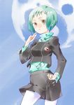  aqua_hair black_skirt breasts brown_eyes highres medium_breasts miniskirt pantyhose persona persona_3 pleated_skirt school_uniform simple_background skirt solo tsukasa_takashi white_legwear yamagishi_fuuka 