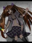  bad_id bad_pixiv_id bra brown_eyes brown_hair cellphone checkered checkered_skirt ebiebiebio hair_ribbon himekaidou_hatate imminent_rape letterboxed lingerie long_hair looking_at_viewer lying miniskirt navel no_bra on_back open_clothes open_mouth open_shirt phone purple_skirt ribbon shadow shameimaru_aya shirt skirt skirt_pull solo sword touhou twintails underwear very_long_hair weapon you_gonna_get_raped 