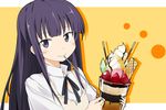  bangs blush chocolate_syrup food fruit ice_cream ixy long_hair looking_at_viewer parfait pocky purple_eyes purple_hair smile solo strawberry upper_body very_long_hair wafer working!! yamada_aoi 