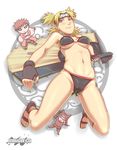  bikini blonde_hair blush chibi fan fingerless_gloves folding_fan forehead_protector gaara gloves green_eyes highres kankuro maigleco midriff naruto navel quad_tails smile swimsuit temari 