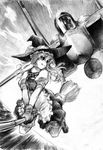  aircraft airplane braid broom broom_riding byeontae_jagga f-15_eagle fighter_jet flying gloves goggles greyscale hat highres jet kirisame_marisa military military_vehicle monochrome smile solo touhou traditional_media 