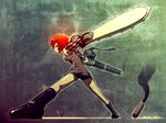  amputee armpits boots breasts bullet chainsaw double_amputee gatling_gun gun katawa_shoujo medium_breasts mike_inel minigun red_eyes red_hair shell_casing short_hair shorts solo tezuka_rin weapon 