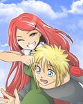  blonde_hair blue_eyes grin hair_ornament hairclip hanaco? hanaco_(hanacoto-ba) hanacoâ˜† long_hair namikaze_minato naruto naruto_shippuuden noogie open_mouth red_hair smile sweat uzumaki_kushina wink 