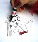  blood creating_art cute dialog duo english_text equine female friendship_is_magic hand horse insane line_art mammal marker marker_(art) meta mixed_media monochrome my_little_pony one_eye_closed pinkamena_(mlp) pinkie_pie_(mlp) plain_background pony real spot_color sweat text traditional_media violence white_background wounded 
