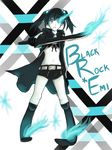  amputee bikini_top black_rock_shooter black_rock_shooter_(character) black_rock_shooter_(character)_(cosplay) blue_eyes burning_eye cape cosplay cyzir_visheen glowing glowing_eye hair_bobbles hair_ornament ibarazaki_emi katawa_shoujo midriff navel prosthesis short_twintails shorts solo twintails 