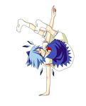  bloomers blue_hair breakdance cirno dress handstand ice ice_wings kuze smile socks solo touhou underwear upside-down wings 