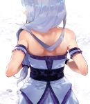  1girl arm_garter back backlighting bare_shoulders bow character_request commentary_request copyright_request from_behind hair_bow hair_over_shoulder hamada_(super_tachioyogi_kyousou) highres japanese_clothes long_hair obi purple_bow sash shoulder_blades silver_hair solo upper_body white_background wristband 