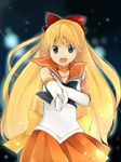  :o aino_minako asayuzu-kamo back_bow bishoujo_senshi_sailor_moon blonde_hair blue_eyes bow choker elbow_gloves finger_gun gloves hair_bow half_updo long_hair magical_girl miniskirt open_mouth orange_choker orange_sailor_collar orange_skirt outstretched_arm pleated_skirt red_bow sailor_collar sailor_senshi_uniform sailor_venus skirt sleeveless solo tiara v-shaped_eyebrows white_gloves 