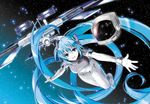  astronaut blue_eyes blue_hair floating hatsune_miku headwear_removed helmet helmet_removed long_hair open_mouth solo space space_station star_(sky) twintails very_long_hair vocaloid yuuki_kira 