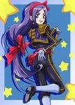  alternate_costume aono_miki arm_behind_back ass bad_id bad_pixiv_id blue_background blue_border border bow eyelashes fresh_precure! fukushima_masaru gloves hair_ribbon hairband long_hair looking_back matador outside_border pants precure purple_eyes purple_hair ribbon shoes smile solo star starry_background sword vest weapon 