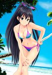  aqua_eyes bare_shoulders beach bikini black_hair blue_eyes breasts cleavage ganaha_hibiki hair_ribbon hand_on_hip high_ponytail idolmaster idolmaster_(classic) large_breasts leaning_forward long_hair midriff nail_polish palm_tree ponnetsu ponytail ribbon side-tie_bikini sideboob smile solo swimsuit tree 