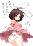  animal_ears ass black_hair blush breasts brown_hair bunny_ears bunny_tail dress dress_lift from_behind inaba_tewi ippongui looking_back medium_breasts panties pinky_out red_eyes short_hair solo tail touhou translated underwear white_panties 