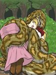  1girl blonde_hair blush coiled eaten_alive eating eyes_closed female girl kaname_(artist) long_hair open_mouth predator_and_prey scared screaming snake swallowing tail tongue vore wood wrapped 