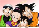  3boys :d bandana black_hair chi-chi_(dragon_ball) dragon_ball dragon_ball_z earrings eyewear_on_head father_and_son great_saiyaman grin halo hand_on_head ichi14 jewelry mother_and_son multiple_boys muscle one_eye_closed open_mouth siblings smile son_gohan son_gokuu son_goten sunglasses teeth 