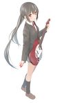  bad_id bad_pixiv_id black_hair blue_skirt buttons full_body guitar highres instrument k-on! loafers long_hair long_sleeves looking_at_viewer miniskirt nakano_azusa nnyu pleated_skirt plectrum red_eyes ribbon school_uniform shoes simple_background skirt smile socks solo twintails 