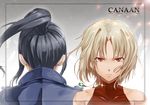  428 alphard bare_shoulders black_hair blonde_hair canaan canaan_(character) dark_skin from_behind gabiran jacket jewelry multiple_girls necklace ponytail short_hair sleeveless sleeveless_turtleneck turtleneck 