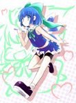  alternate_costume bike_shorts blue_eyes blue_hair blue_skirt blush bow cirno contemporary hair_bow ice midriff miniskirt print_skirt short_hair shorts shorts_under_skirt skirt skirt_set sleeveless smile solo touhou wings yume_shokunin 