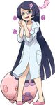  black_hair blue_eyes closed_labcoat creature flats flower gen_5_pokemon glasses hair_ornament hairclip hands_together labcoat long_hair makomo_(pokemon) munna pokemoa pokemon pokemon_(creature) pokemon_(game) pokemon_bw saliva simple_background sleeves_rolled_up smoke standing very_long_hair white_background 