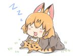  1girl :3 :d animal_ear_fluff animal_ears bangs blush bow bowtie brown_hair chibi commentary_request elbow_gloves extra_ears eyebrows_visible_through_hair eyes_closed facing_viewer full_body gloves hair_between_eyes kemono_friends noai_nioshi open_mouth print_gloves print_legwear print_neckwear print_skirt rock serval_(kemono_friends) serval_ears serval_print serval_tail shirt skirt sleeping sleeveless sleeveless_shirt smile solo striped_tail tail thighhighs white_background white_shirt zzz 