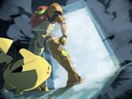  arm_cannon armor bad_id bad_pixiv_id door dutch_angle fog gabu_kichi gen_1_pokemon helmet light metroid pikachu pokemon pokemon_(creature) samus_aran shadow super_smash_bros. varia_suit weapon 