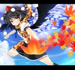  autumn_leaves black_hair black_wings day hat looking_at_viewer pointy_ears red_eyes shameimaru_aya sky solo tokin_hat touhou tsukikusa wings 