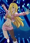  ahoge asymmetrical_clothes blonde_hair boots breasts cleavage fishnet_pantyhose fishnets green_eyes hoshii_miki idolmaster idolmaster_(classic) itigeki10k jacket jewelry legwear_under_shorts long_hair medium_breasts midriff necklace outstretched_arms pantyhose pink_diamond_765 shorts solo stage_lights 
