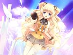  :3 animal_ears bare_shoulders blizz blonde_hair blue_eyes bow bracelet cloud foreshortening grey_skirt jewelry long_hair microphone miniskirt pleated_skirt seeu skirt sky smile solo star striped striped_skirt thighhighs very_long_hair vocaloid zettai_ryouiki 