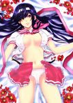  bad_id bad_pixiv_id black_hair blue_eyes breasts cleavage daibanchou flower frilled_skirt frills hair_over_one_eye hibiscus honchu kyoudou_senna large_breasts long_hair looking_at_viewer lying miniskirt navel no_bra on_back open_clothes open_shirt open_skirt panties pink_panties red_skirt school_uniform shirt skirt solo striped striped_skirt underwear 