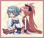  aoki_ume blue_eyes blue_hair blush border bow hair_bow leg_hug long_hair magical_girl mahou_shoujo_madoka_magica miki_sayaka multiple_girls ponytail red_eyes red_hair sakura_kyouko short_hair sitting smile tears thighhighs very_long_hair yuri 