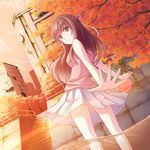  autumn autumn_leaves bad_id bad_pixiv_id bare_shoulders black_eyes black_hair building city clock dutch_angle foreshortening from_behind hair_ribbon lamppost light_smile long_hair looking_back miniskirt original outstretched_arms overgrown pleated_skirt red_sky ribbon ruins skirt sky sleeveless solo spread_arms stairs sunset tree wading water white_skirt wind wind_lift yumemizuki 