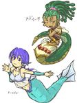  blue_eyes blue_hair blush breasts fish green_hair kaname_(artist) lamia looking_at_viewer medusa mermaid monster_girl multiple_girls naga nipples one_eye_closed open_mouth pointy_ears simple_background smile snake tail translated translation_request white_background yellow_eyes 