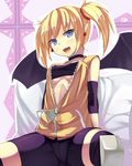 arcana_heart ban_(bannyata) bat_wings bike_shorts blonde_hair blue_eyes breasts choker demon_girl earrings fang highres jewelry lilica_felchenerow pointy_ears short_twintails sitting small_breasts smile solo strapless tubetop twintails underboob unzipped wings zipper 