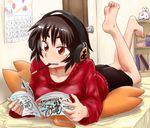  azumanga_daiou barefoot brown_eyes brown_hair calendar_(object) chiyo_chichi feet food food_in_mouth full_body headphones kagura_(azumanga_daiou) magazine pocky short_hair sketch soles solo suzurino toes tomboy 