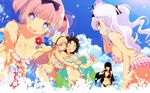  5girls asuka_(senran_kagura) bikini bikini_skirt black_hair blonde_hair blush breasts cleavage cloud day frills front-tie_top grin hair_ribbon hibari_(senran_kagura) ikaruga_(senran_kagura) katsuragi_(senran_kagura) large_breasts lens_flare long_hair looking_back medium_breasts multicolored multicolored_bikini multicolored_clothes multicolored_stripes multiple_girls navel off_shoulder official_art one_eye_closed open_mouth plaid plaid_bikini polka_dot polka_dot_swimsuit purple_hair ribbon senran_kagura senran_kagura_shoujo-tachi_no_shin'ei side-tie_bikini sky small_breasts smile splashing strap_slip striped striped_bikini striped_swimsuit swimsuit symbol-shaped_pupils underboob yaegashi_nan yagyuu_(senran_kagura) yuri 