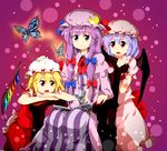  :o ascot bat_wings blonde_hair book bow bug butterfly chair chin_rest flandre_scarlet hair_bow hand_on_headwear hat insect long_hair multiple_girls open_mouth patchouli_knowledge petting purple_eyes purple_hair reading red_eyes remilia_scarlet ruu_(tksymkw) sitting smile the_very_hungry_caterpillar touhou wings 