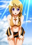  bad_id bad_pixiv_id bikini bikini_skirt blonde_hair blush bracelet braid breasts charlotte_dunois cleavage cross highres infinite_stratos jewelry large_breasts leaning_forward light_rays long_hair navel necklace open_mouth pendant purple_eyes solo sumeragi_tomo sunbeam sunlight swimsuit 