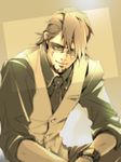  bad_id bad_pixiv_id bracelet brown_eyes brown_hair deadchicken584 facial_hair jewelry kaburagi_t_kotetsu male_focus mask muted_color necktie solo stubble tiger_&amp;_bunny vest waistcoat watch wristwatch 