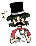  1girl cup drawfag facial_hair fake_facial_hair fake_mustache green_eyes green_hair hat koiwai_yotsuba monocle mustache pinky_out quad_tails short_hair simple_background solo surprised teacup top_hat white_background yotsubato! 