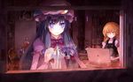  arctic bad_id bad_pixiv_id blonde_hair book bookshelf computer crescent dress flask globe hair_ribbon hat hat_removed headwear_removed hourglass kirisame_marisa laptop library long_hair multiple_girls patchouli_knowledge purple_eyes purple_hair ribbon roman_numerals round-bottom_flask science touhou voile window yellow_eyes 