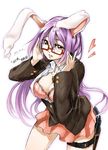  adjusting_eyewear animal_ears bespectacled blush bra breasts bunny_ears carrot carrot_necklace cleavage dress_shirt glasses gun handgun heart holster jewelry large_breasts lingerie long_hair miniskirt necklace open_clothes open_shirt pendant phenne pink_skirt purple_hair red_eyes reisen_udongein_inaba shirt skirt solo thigh_holster touhou underwear weapon 